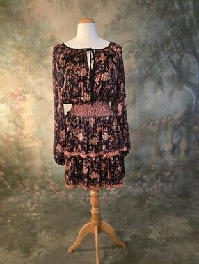 Lovrcolette Floral Tiered Long Sleebe Tie Neck Mini Dress S